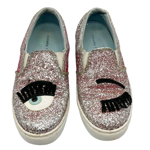 Chiara Ferragni Blink Eye Glitter Sneakers Silver Women’s Size 6 Slip-On Sparkle - Picture 1 of 16